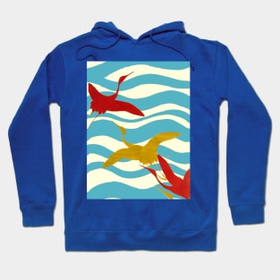 RED YELLOW FLYING CRANES ON WHITE BLUE OCEAN WAVES Hoodie